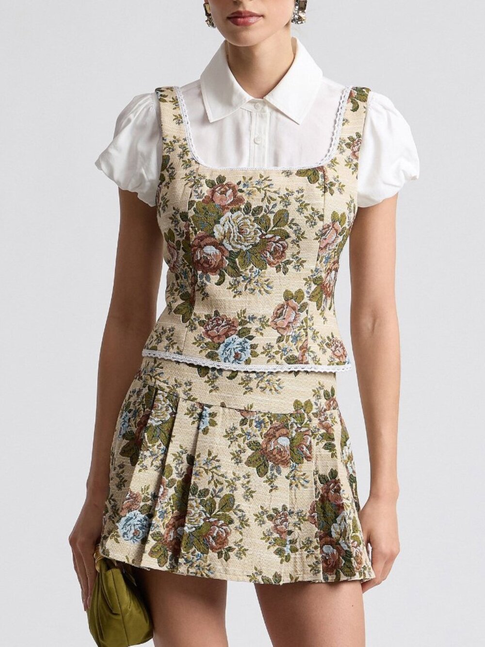 New Avec Les Filles Floral Brocade Lace Trim Neck Top Taupe XS
